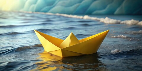 A small, bright yellow origami boat floats serenely on the gentle waves, navigating towards a distant, hazy shoreline.
