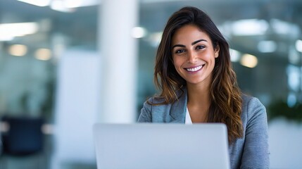 Fototapeta premium Happy Latin American Businesswoman Smiling with Laptop in Office