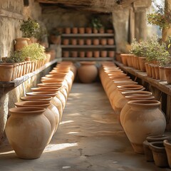 Traditional pottery-making workshop with tools and clay pots, cozy and warm atmosphere