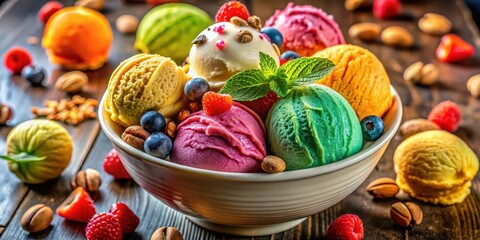 A delightful bowl brimming with assorted scoops of vibrant ice cream, adorned with fresh berries and crunchy nuts, rests on a rustic wooden surface.