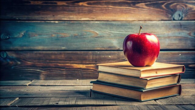 A crisp red apple rests atop a stack of well-worn books, symbolizing knowledge and the pursuit of learning against a rustic wooden backdrop.