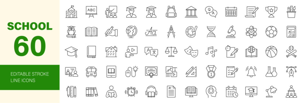 School icon set. Containing education, learning, teacher, book, E-learning, graduation, school subjects, classroom, students and more. Editable line icons. Vector illustration.