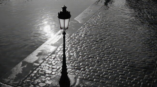 A solitary lamppost stands beside a wet cobblestone path next to a reflective waterway, its shadow cast sharply on the glistening surface - Powered by Adobe
