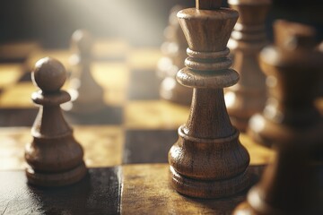 Fototapeta premium Vintage chess pieces in a macro close up showcasing strategic gameplay in warm light, Vintage chess super macro close up