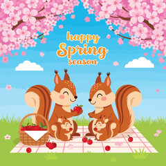 Adobe Illustrator Artwork Cute cartoon squirrel enjoying an outdoor picnic in a forest. Whimsical animal friends with acorns, mushrooms, and a picnic basket. Charming nature illustration