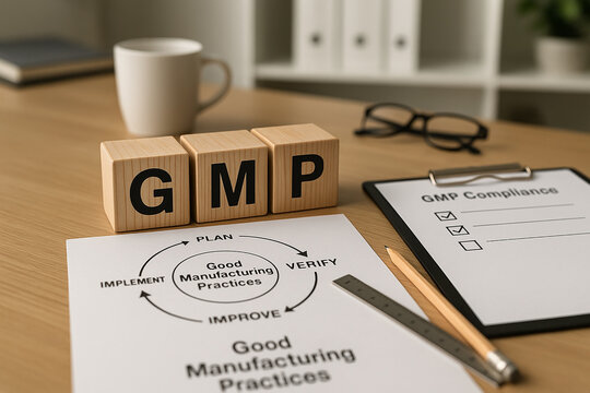 GMP: Good Manufacturing Practices implementation cycle diagram with plan, verify, improve, and implement stages displayed alongside compliance checklist and office supplies..