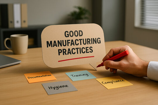 GMP: Good Manufacturing Practices focus highlighted with red marker and supporting keywords like documentation, hygiene, training, and compliance on organized office workspace..