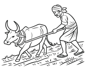 Farmer Plowing Land with a Ox in India Illustration