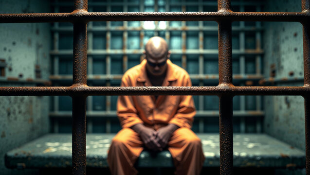 A somber bald prisoner sits in a jail cell, contemplating the cost of freedom behind bars.
