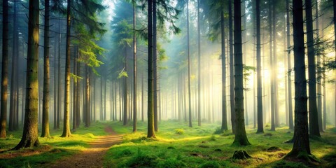 Fototapeta premium Woodland forest with tall trees and misty atmosphere