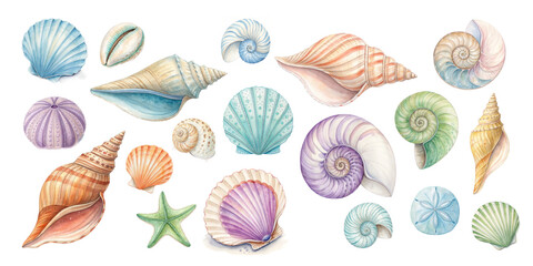 Watercolor seashell collection vector illustration of various sea shells and starfish on transparent background