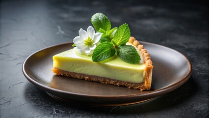 Delicate key lime pie with a sprig of fresh mint leaves atop a dark black background