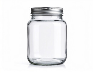 mockup of a transparent glass jar with a metallic lid, front-facing, isolated on a clean white surface,