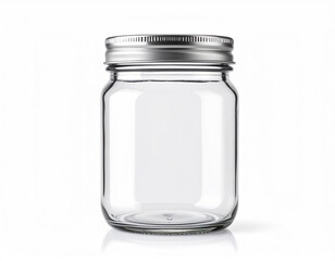 mockup of a transparent glass jar with a metallic lid, front-facing, isolated on a clean white surface,