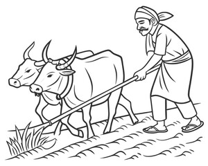 Rural Farmer Plowing Field with Oxen Agricultural Scene Depiction