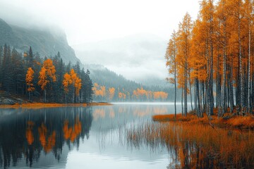 Fototapeta premium Misty autumnal lake with vibrant foliage and mountains.