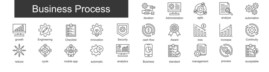 Business Process outline icon set. Containing iteration, Administration, agile, analyze, automation icons