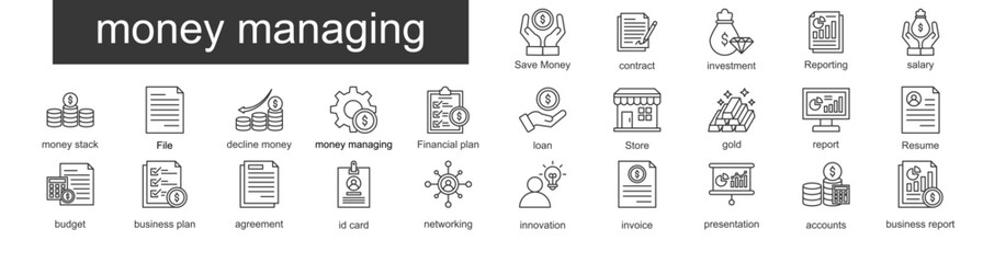 money managing outline icon set. Containing Financial plan, loan, report, budget, business plan icons