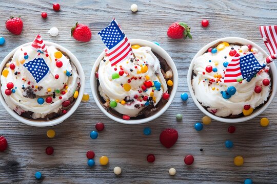Festive Fourth of July ice cream sundaes adorned with colorful candies and mini American flags atop a rustic wooden table with soft lighting