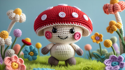Cute crocheted mushroom plush toy on grass with flowers, soft pastel scene