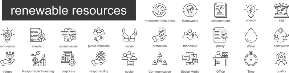 renewable resources outline icon set. Containing Renewable, conservation, energy, esg, innovation icons