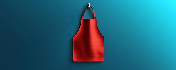 Red apron hangs on blue wall. Kitchen cooking