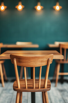 Cozy indoor cafe scene with a blurred background, space for logotext, A wooden chair stands alone in a cozy cafe, illuminated by warm lights against a dark green wall.