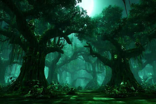 Mystical moonlit swamp in vibrant green