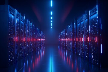 Server room with neon light ambiance