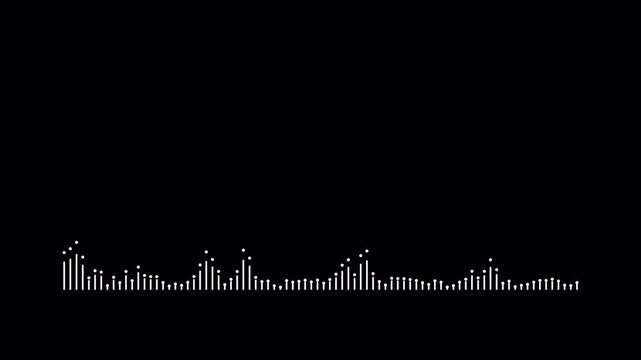 Audio wave equalizer animation on black background, minimalist audio dot visualizer animated with alpha channel.