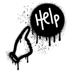 Graffiti icon of a hand pointing for help sprayed with black paint on white.