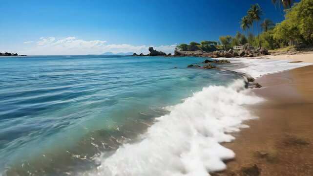 Tropical paradise beach with white sand and blue sea water travel tourism wide panorama background concept. Idyllic beach landscape, soft waves, peaceful nature scenery