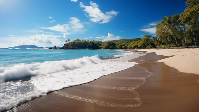 Tropical paradise beach with white sand and blue sea water travel tourism wide panorama background concept. Idyllic beach landscape, soft waves, peaceful nature scenery