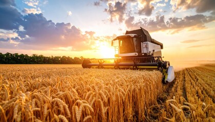 Naklejka premium Combine Harvester Harvest Wheat Field at Sunset