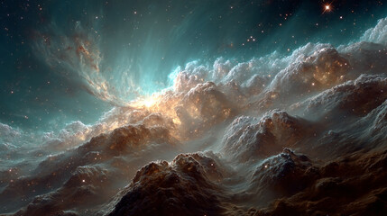 Minimalistic depiction of new star formation showing the stellar birth in space with glowing gases and dust. Dark cosmic background emphasizes the creation of stars in a vast universe.

