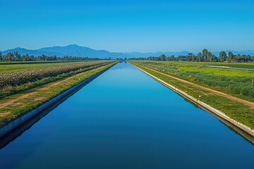 Naklejka premium Peaceful rural waterway reflecting a clear sky.