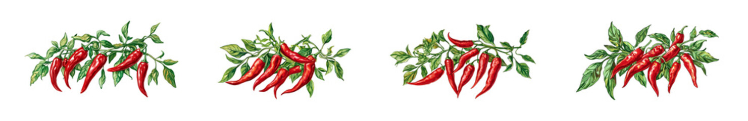 An eliment set of A bunch of watercolor red group  chili peppers on a vine with green leaves. Isolated on transparent background png