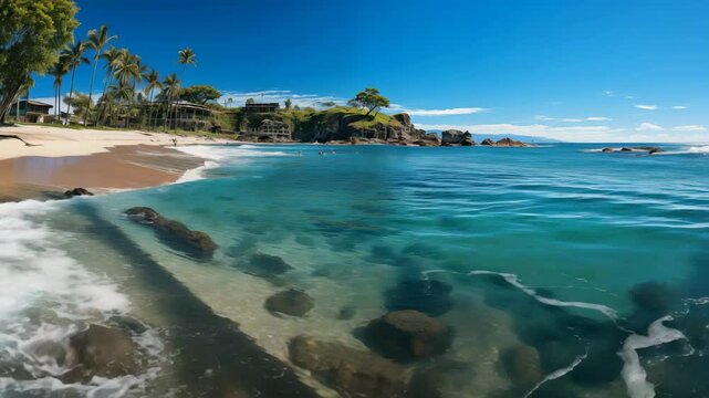 Tropical paradise beach with white sand and blue sea water travel tourism wide panorama background concept. Idyllic beach landscape, soft waves, peaceful nature scenery