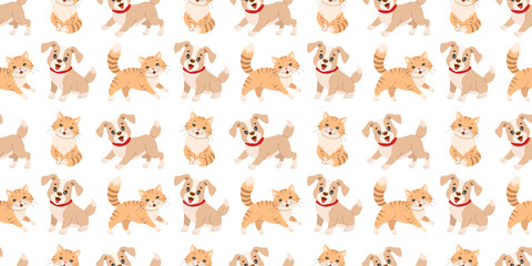 Adorable seamless pattern featuring playful cats and dogs in various poses, perfect for pet themed designs or backgrounds.
