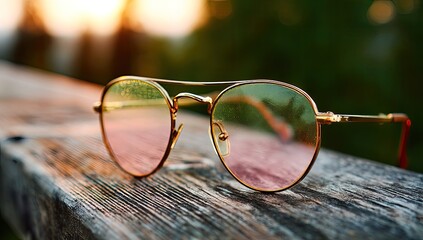 Stylish Sunglasses on Wooden Railing at Sunset