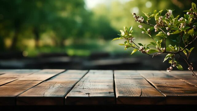 Empty wooden table Green bokeh background