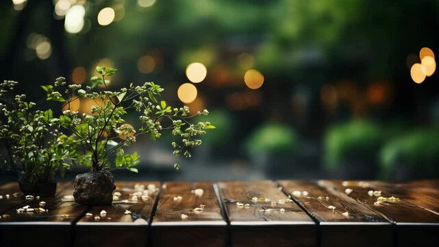 Empty wooden table Green bokeh background