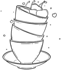 Stacked Bowls with Cherries Coloring Page
