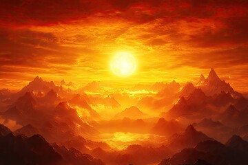 Fiery sunset view over a majestic mountain range.