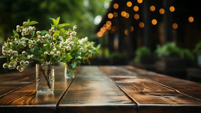 Empty wooden table Green bokeh background