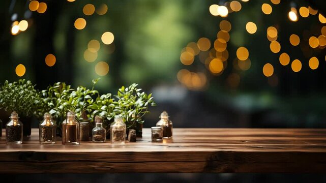 Empty wooden table Green bokeh background