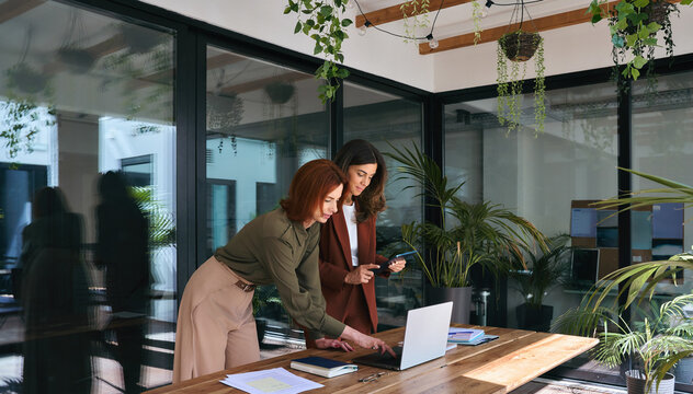 Smiling professional ladies entrepreneurs partners using laptop and tablet technology devices standing at work desk. Two happy business women of young and middle age talking working in green office.