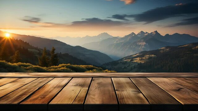 Wooden table and blur of beauty, sunset sky, and mountains as background
