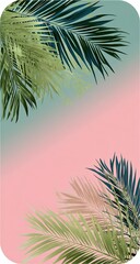 Tropical foliage art print, featuring vibrant palm leaves in various shades of green, teal, and beige, against a soft ombre background of pink and teal