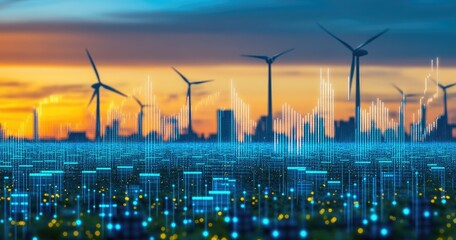 Cityscape at sunset with wind turbines and digital graphs overlay.  Green energy, sustainable development, and technology are prominent themes